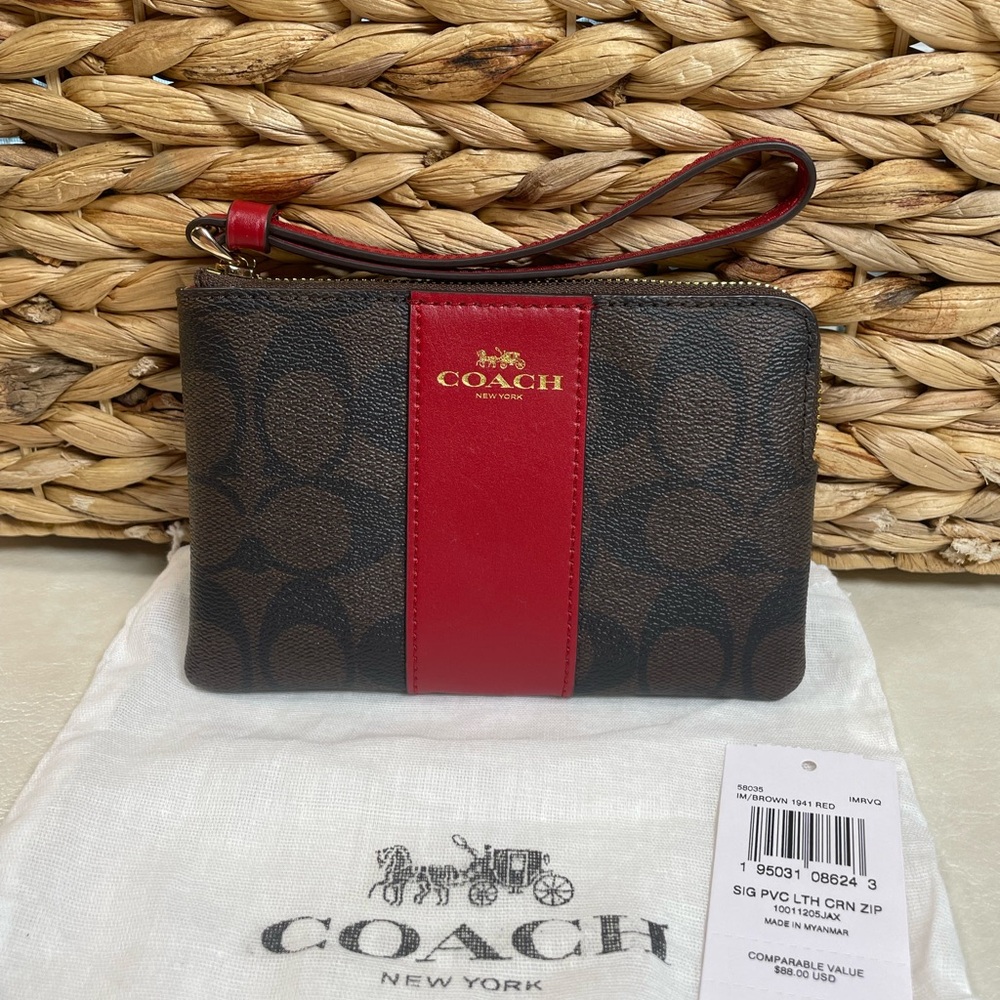 ‼️SPRING SALE Coach NWT Signature Brown and Red Wristlet - Picture 3 of 11